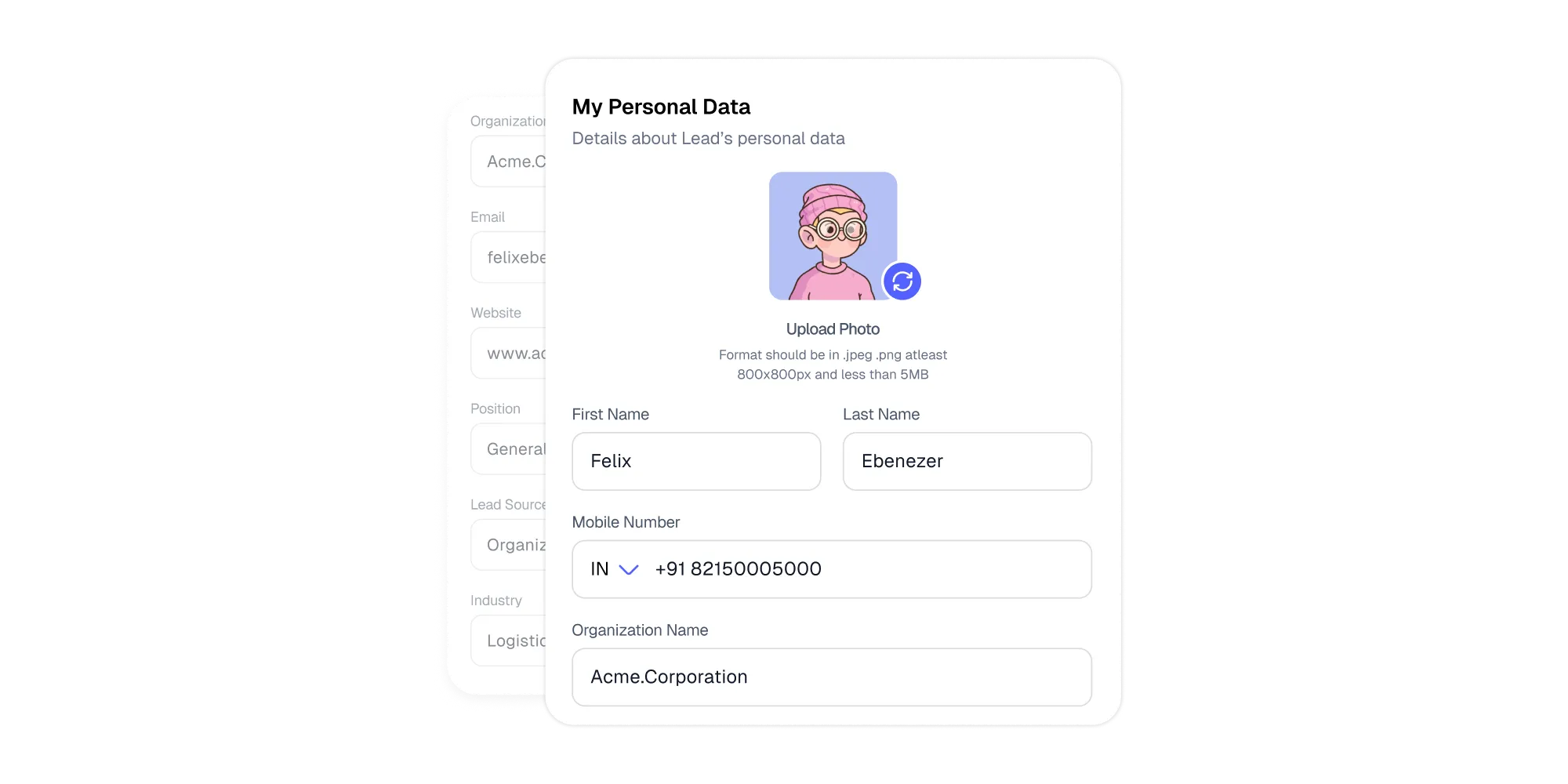 Lead capture form with contact and organization details.